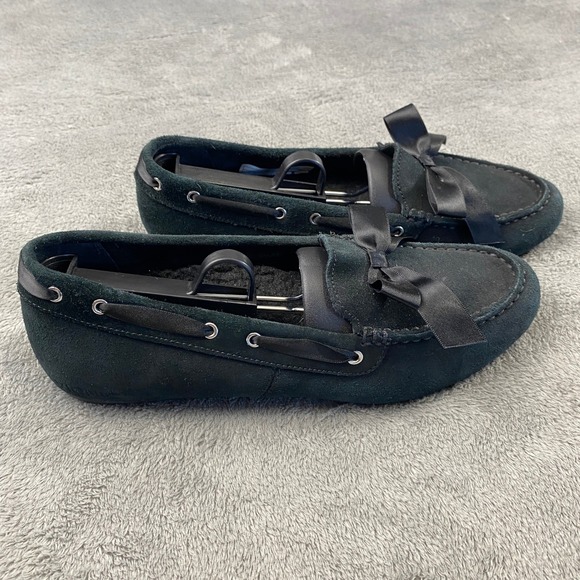 Vionic Shoes - Vionic Alice Moccasin Loafers Womens 8 Black Suede Faux Fur Satin Bow Driving